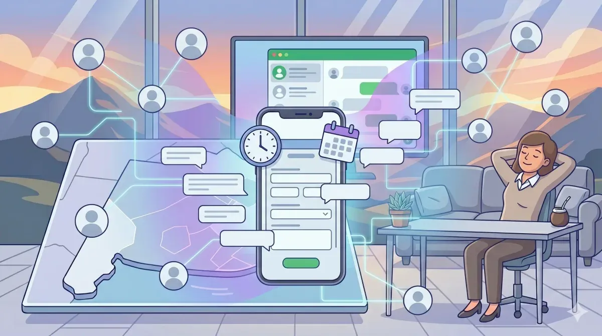 Calendario y reloj sobre un dispositivo móvil mostrando WhatsApp Business con mensajes programados