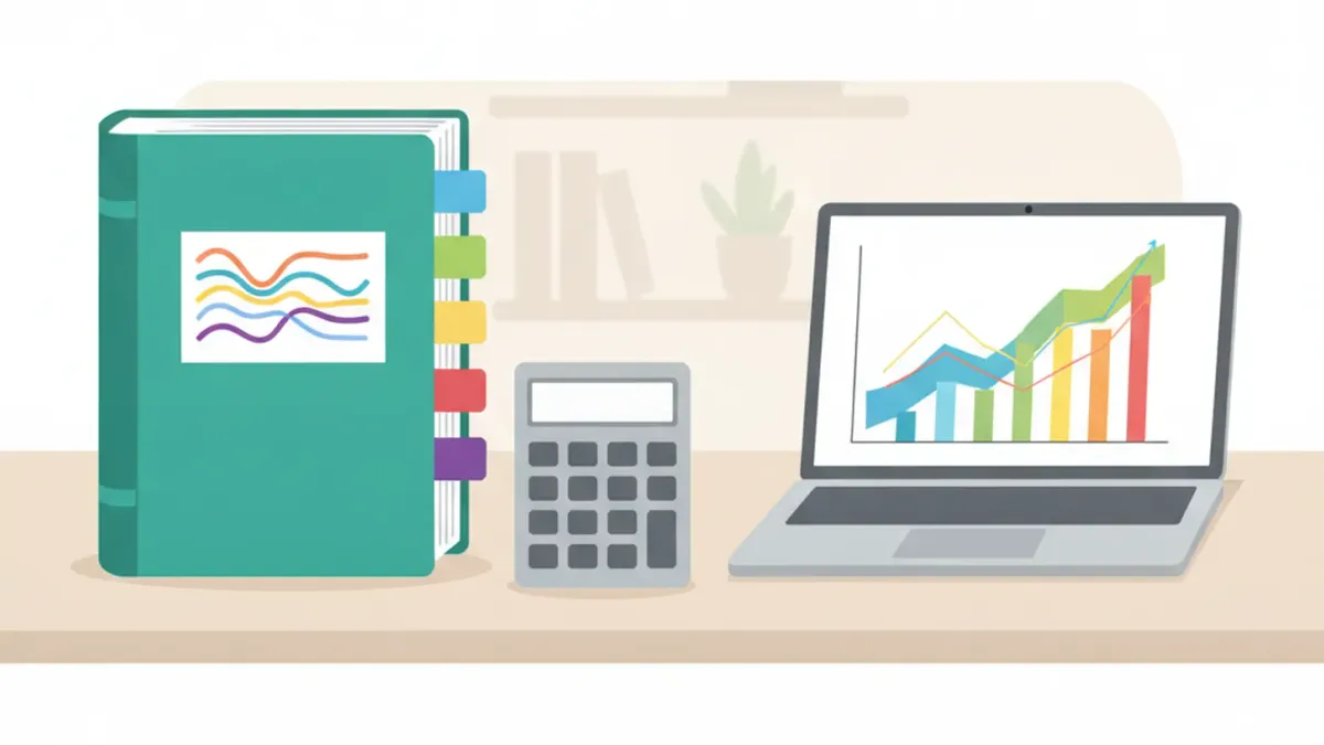 Libro contable verde con pestañas de colores junto a una calculadora y una laptop que muestra gráficos