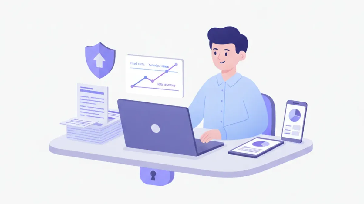 Ilustración de un empresario pyme analizando gráficos de costos, ingresos y punto de equilibrio en una pantalla