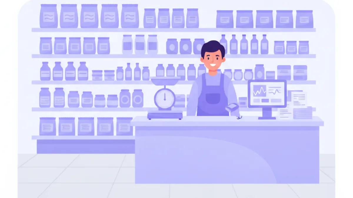 Interior de una tienda de abarrotes con estantes llenos de productos, báscula y pantalla de computadora sobre el mostrador y el tendero sonriendo detrás