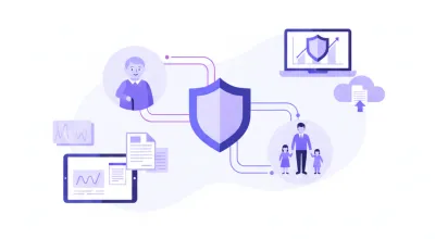 Ilustración flat vector de seguridad social en Uruguay con iconos de jubilación, salud y aportes sobre fondo violeta y azul