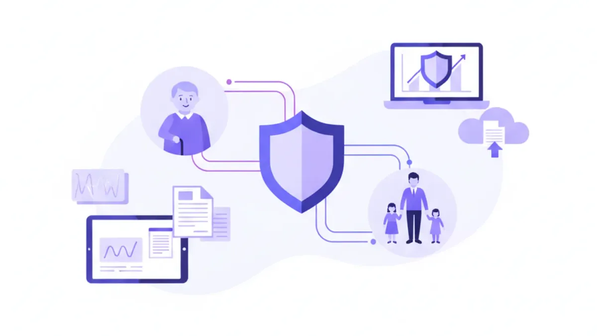 Ilustración flat vector de seguridad social en Uruguay con iconos de jubilación, salud y aportes sobre fondo violeta y azul