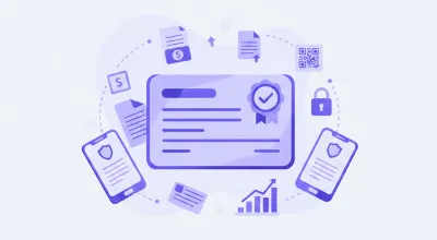 Ilustración flat vector de factura electrónica CFDI 4.0 con íconos fiscales del SAT mexicano en tonos violeta y azul