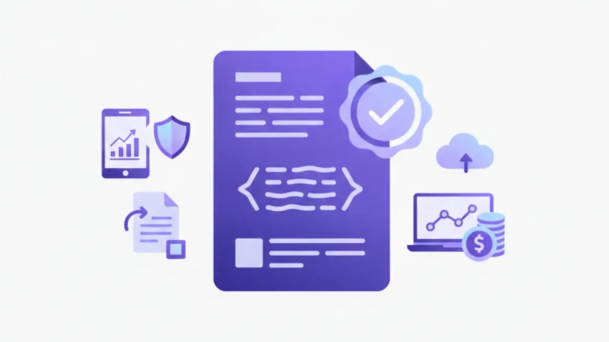 Ilustración flat de un comprobante fiscal digital CFDI con elementos del SAT, XML y facturación electrónica en México, en tonos violeta y azul
