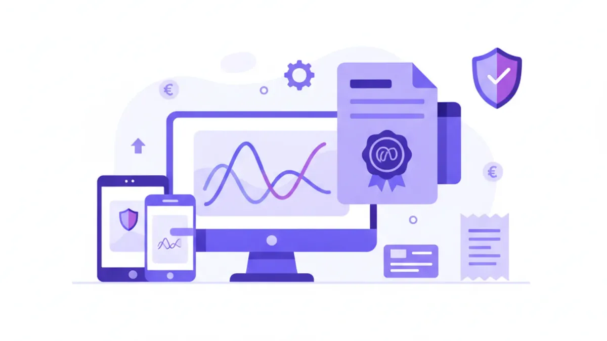Ilustración flat vector de comprobantes fiscales electrónicos con firma digital y pantalla de facturación electrónica en Uruguay, en tonos violeta y azul