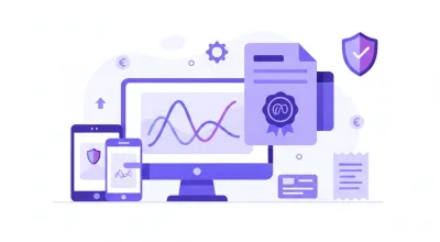 Ilustración flat vector de comprobantes fiscales electrónicos con firma digital y pantalla de facturación electrónica en Uruguay, en tonos violeta y azul