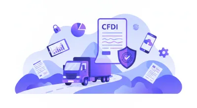 Ilustración del Complemento Carta Porte en México: camión de carga en carretera con ícono de CFDI y sello del SAT
