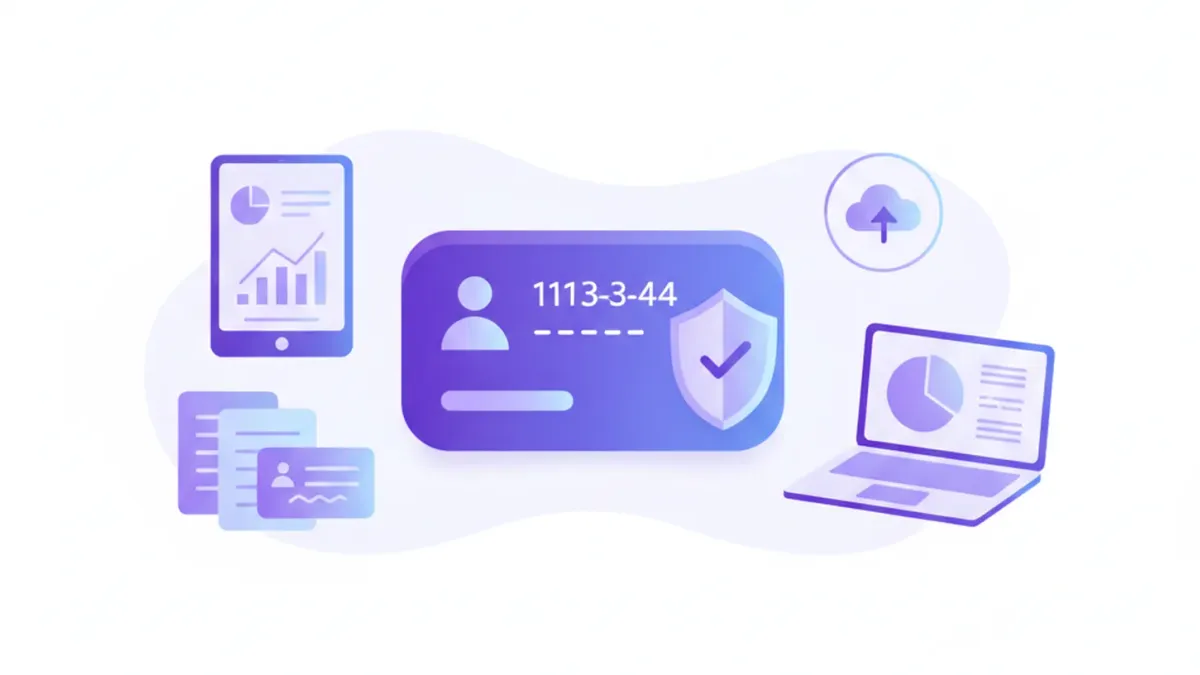 Ilustración vectorial de un documento de identificación laboral con código numérico único, íconos de persona trabajadora y organismos fiscales argentinos, en tonos violeta y azul