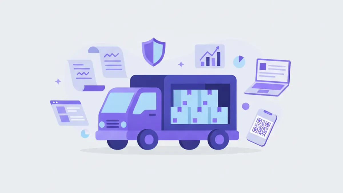 Ilustración flat vector de un camión de reparto con documentos digitales CFE flotando alrededor, íconos de código QR, escudo de verificación fiscal y silueta del mapa de Uruguay, en tonos violeta y azul