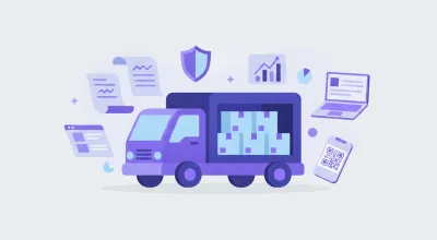 Ilustración flat vector de un camión de reparto con documentos digitales CFE flotando alrededor, íconos de código QR, escudo de verificación fiscal y silueta del mapa de Uruguay, en tonos violeta y azul