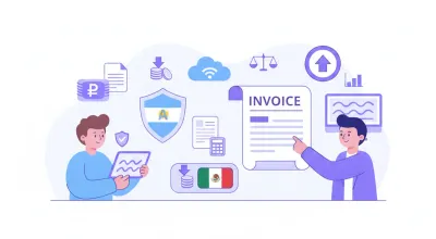 Ilustración vectorial de un empleado y un patrón con símbolos de impuestos y la bandera de México