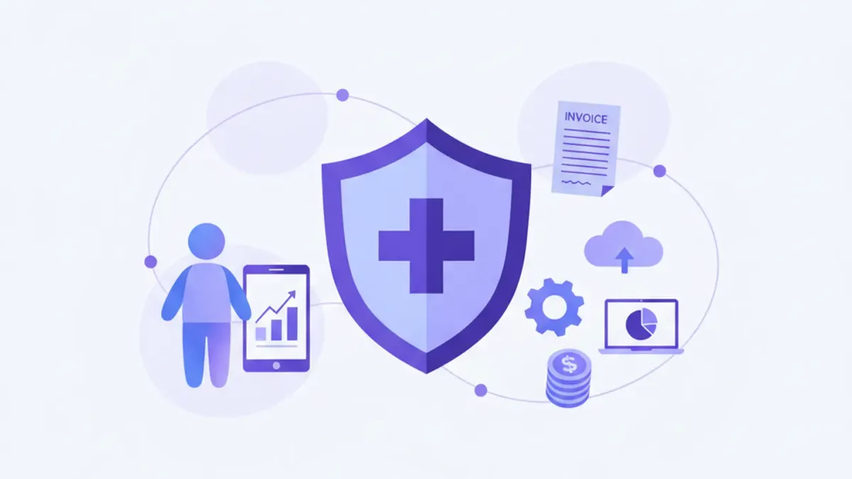 Ilustración vectorial plana del IMSS: escudo de protección social, personas trabajando, documento de registro patronal y fichas médicas en tonos violeta y azul