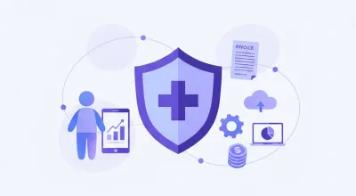 Ilustración vectorial plana del IMSS: escudo de protección social, personas trabajando, documento de registro patronal y fichas médicas en tonos violeta y azul