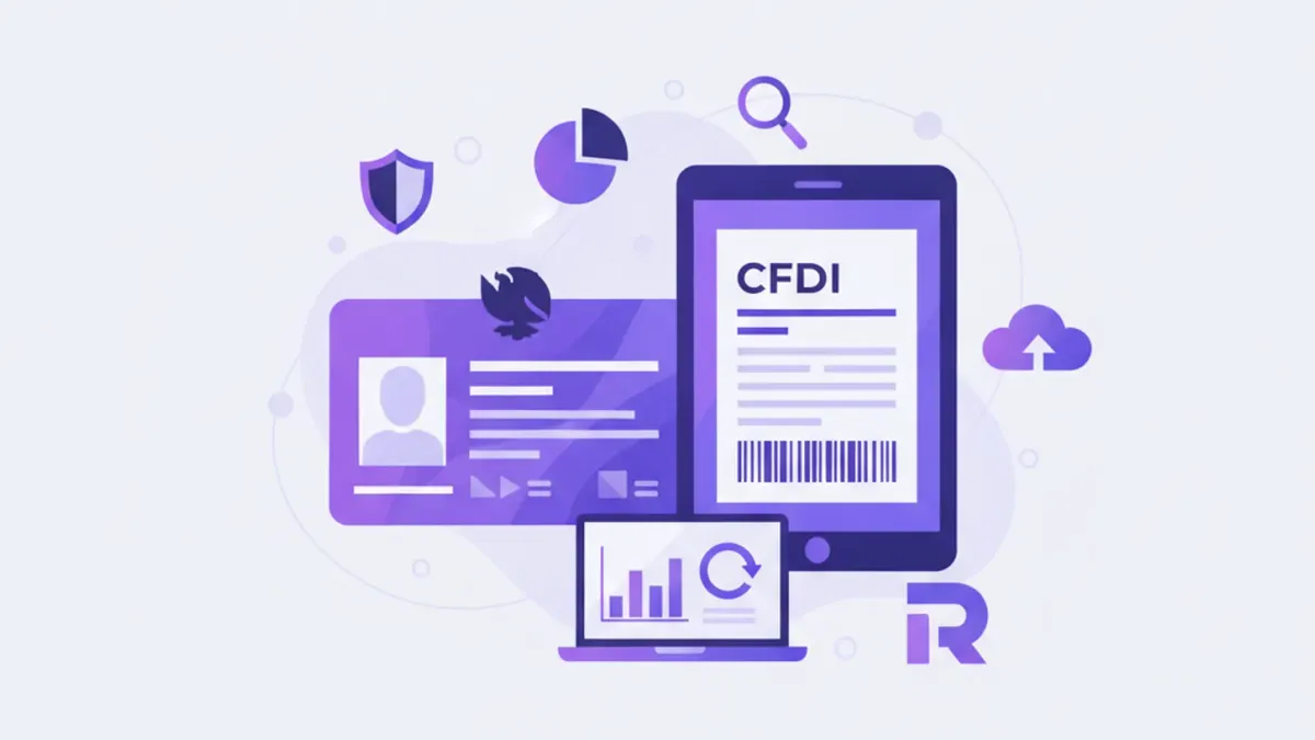Ilustración de credencial de identificación mexicana junto a una factura electrónica CFDI con campos de RFC, código postal fiscal y régimen fiscal