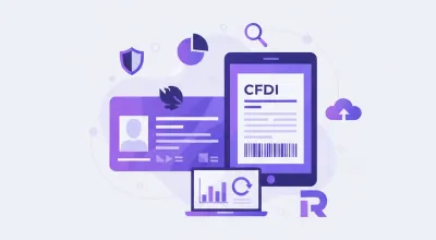 Ilustración de credencial de identificación mexicana junto a una factura electrónica CFDI con campos de RFC, código postal fiscal y régimen fiscal