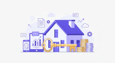 Ilustración flat vector de una casa moderna con llave dorada, monedas apiladas y escudo de protección en tonos violeta y azul, representando ahorro para vivienda e INFONAVIT en México