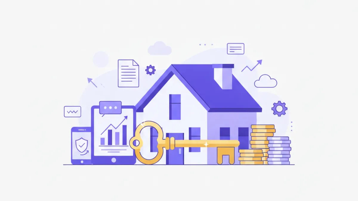 Ilustración flat vector de una casa moderna con llave dorada, monedas apiladas y escudo de protección en tonos violeta y azul, representando ahorro para vivienda e INFONAVIT en México
