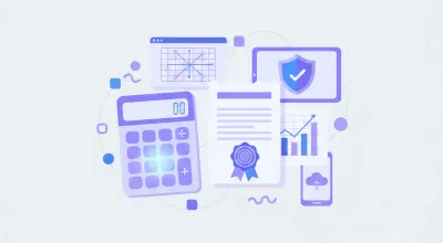 Ilustración vectorial sobre el IRAE en Uruguay: calculadora, documentos fiscales, moneda uruguaya y gráficos de impuestos en tonos violeta y azul
