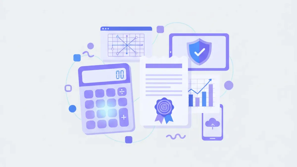 Ilustración vectorial sobre el IRAE en Uruguay: calculadora, documentos fiscales, moneda uruguaya y gráficos de impuestos en tonos violeta y azul