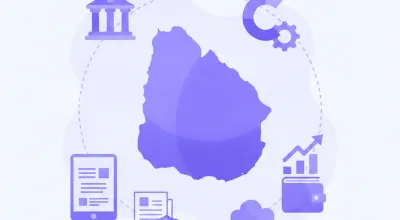 Ilustración del IRNR en Uruguay: mapa del país con íconos de impuestos, flechas de retención y porcentajes en estilo flat violeta y azul