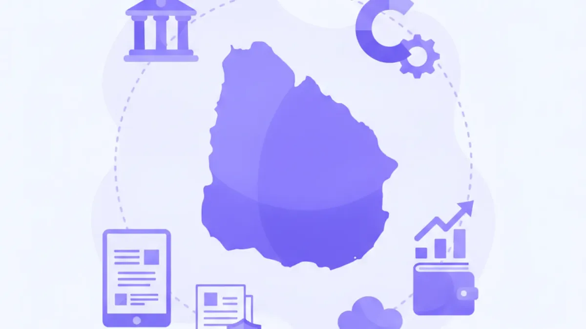 Ilustración del IRNR en Uruguay: mapa del país con íconos de impuestos, flechas de retención y porcentajes en estilo flat violeta y azul