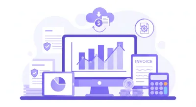 Ilustración vectorial sobre el Impuesto Sobre la Renta en México con íconos de documentos fiscales, gráficas y calculadora en tonos violeta y azul