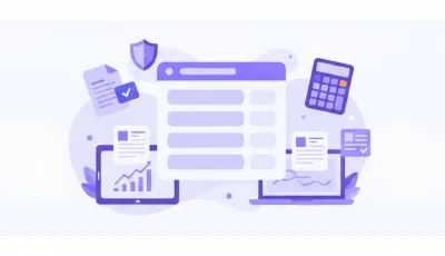Ilustración vectorial de un formulario de impuesto a las transacciones con íconos de factura y calculadora