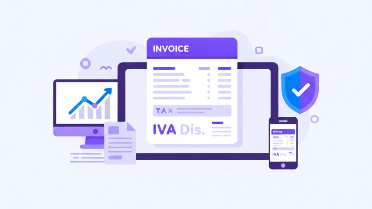 Ilustración flat vector de una factura electrónica con IVA calculado automáticamente, íconos de porcentajes y monedas en paleta violeta y azul, estilo SaaS moderno