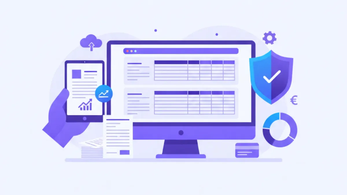 Ilustración de libro IVA digital en Argentina: pantalla de software con registros de comprobantes, íconos de factura y declaración jurada, paleta violeta y azul, estilo flat vector