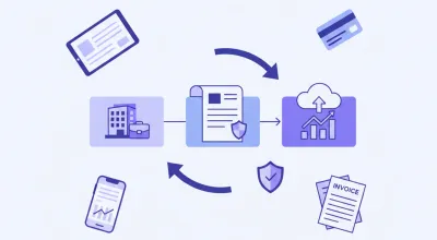 Diagrama vectorial que ilustra el régimen de Pequeña Empresa Literal E en Uruguay con íconos de facturación, impuestos e impuesto al valor agregado