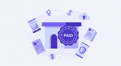Ilustración vectorial de una casa con un sello de pago de predial y símbolos de moneda mexicana