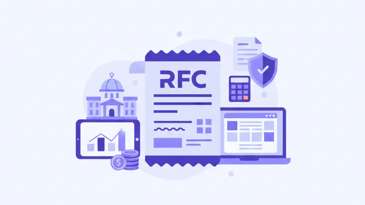 Ilustración de régimen fiscal en México con íconos del SAT, documentos CFDI y contribuyentes
