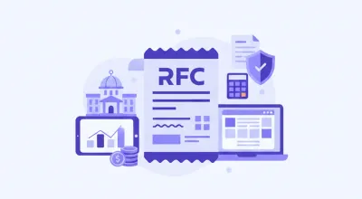 Ilustración de régimen fiscal en México con íconos del SAT, documentos CFDI y contribuyentes