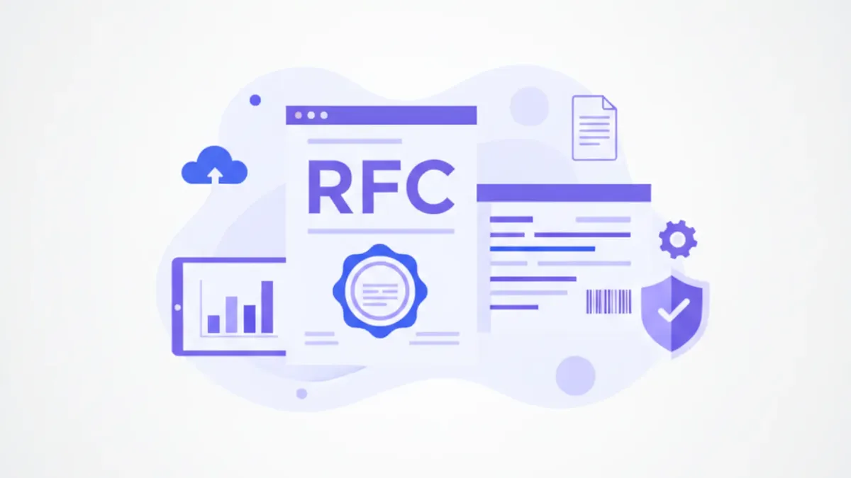 Ilustración flat de clave fiscal RFC del SAT con íconos de factura CFDI y documentos fiscales en tonos violeta y azul