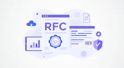 Ilustración flat de clave fiscal RFC del SAT con íconos de factura CFDI y documentos fiscales en tonos violeta y azul