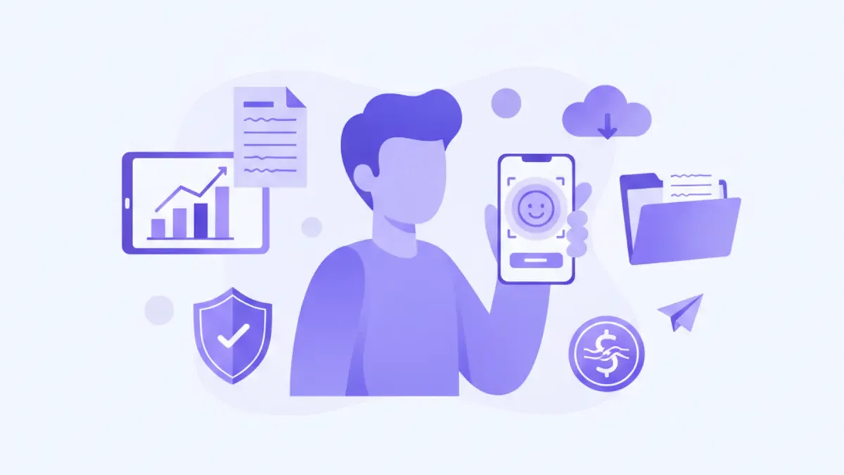 Ilustración flat de una persona usando su celular para verificar identidad ante el SAT con íconos de RFC, e.firma y CFDI en colores violeta y azul