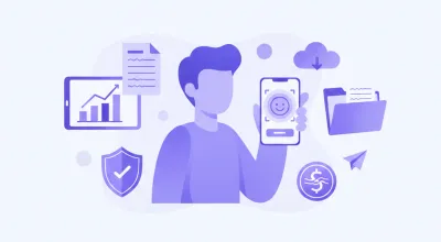 Ilustración flat de una persona usando su celular para verificar identidad ante el SAT con íconos de RFC, e.firma y CFDI en colores violeta y azul