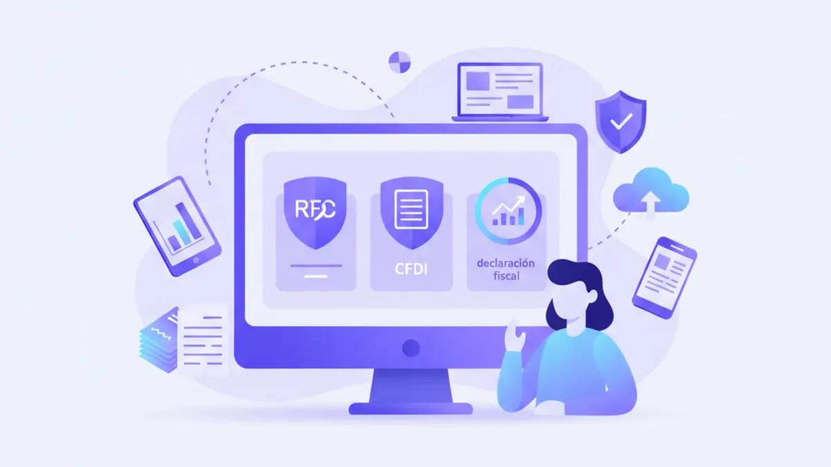 Ilustración flat de un contribuyente mexicano gestionando sus obligaciones fiscales ante el SAT con íconos de RFC, factura electrónica y portal digital
