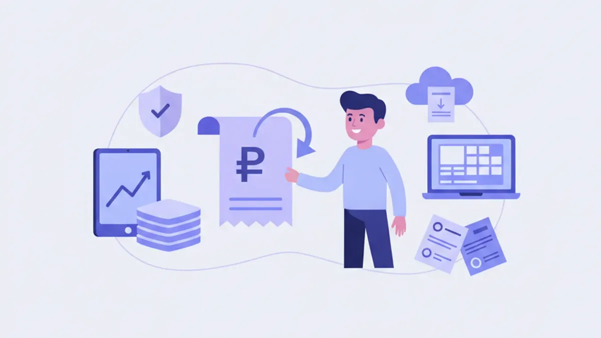 Ilustración flat del subsidio para el empleo en México con iconos de nómina, pesos mexicanos y el SAT