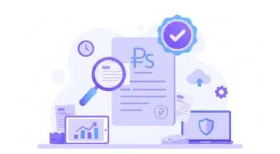 Ilustración de constancia de retenciones fiscal digital con documentos y símbolo de peso mexicano