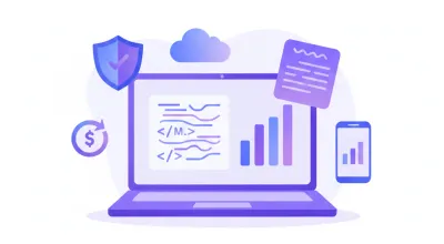 Ilustración flat de una laptop con archivos XML, documentos de balanza contable y el escudo del SAT sobre fondo azul y violeta