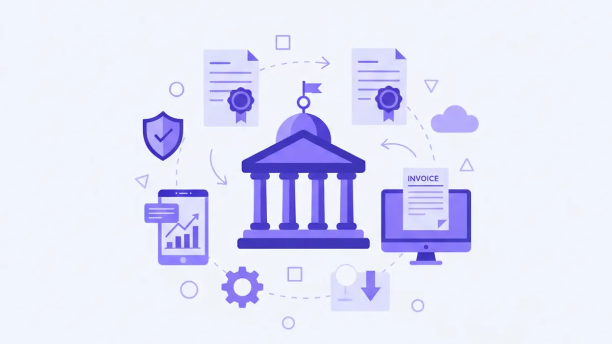 Ilustración flat vector de los servicios tributarios de la DGI en Uruguay con documentos fiscales, monedas de peso uruguayo y pantalla digital en tonos violeta y azul