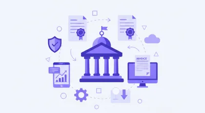 Ilustración flat vector de los servicios tributarios de la DGI en Uruguay con documentos fiscales, monedas de peso uruguayo y pantalla digital en tonos violeta y azul