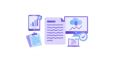 Ilustración flat vector de documentos fiscales con el texto DIOT, íconos de facturas, calendario y escudo de verificación en tonos violeta y azul