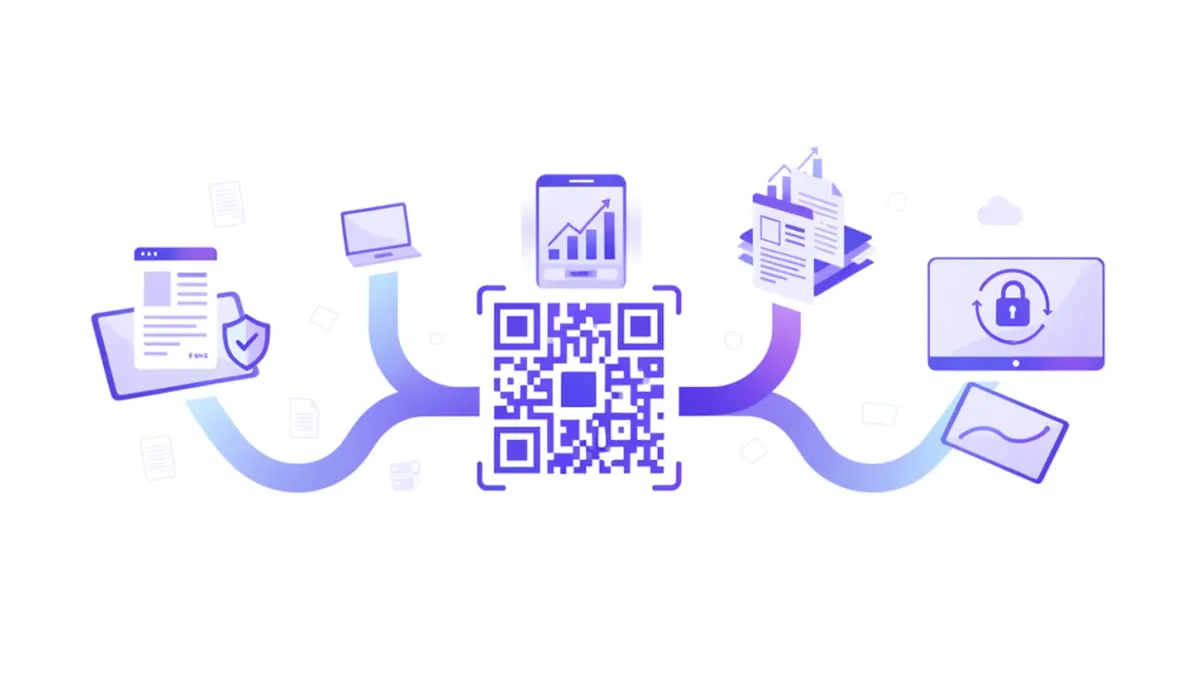Ilustración vectorial flat estilo violeta/azul: smartphone escaneando código QR que proyecta íconos de factura electrónica ARCA, billeteras virtuales y transferencia bancaria