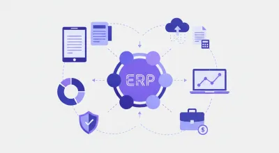 Diagrama vectorial de un ERP mostrando módulos interconectados de facturación, stock, finanzas y clientes para una PyME argentina