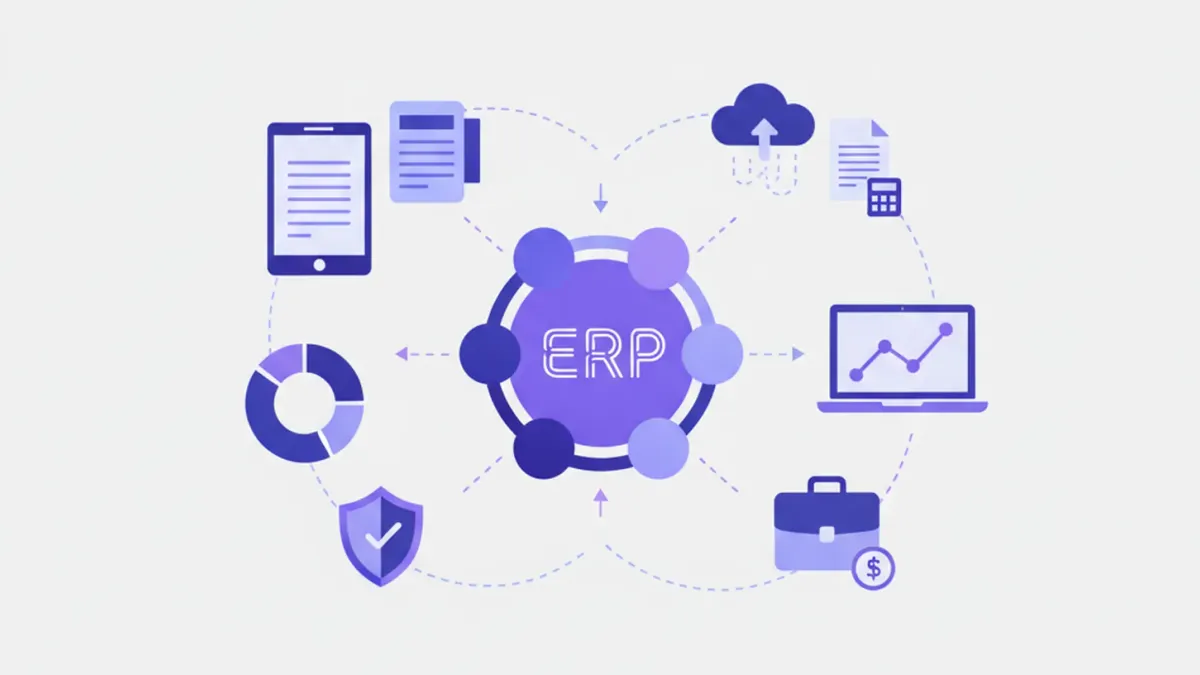 Diagrama vectorial de un ERP mostrando módulos interconectados de facturación, stock, finanzas y clientes para una PyME argentina