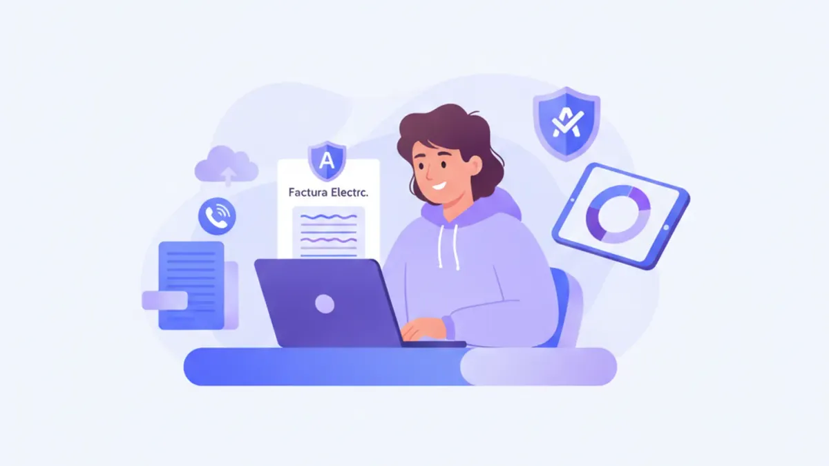 Emprendedor argentino generando link de pago en celular y factura automática en notebook, estilo flat vector violeta azul
