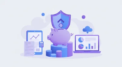 Ilustración vectorial de una AFORE con iconos financieros en tonos violeta y azul