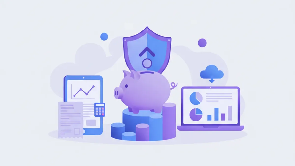 Ilustración vectorial de una AFORE con iconos financieros en tonos violeta y azul